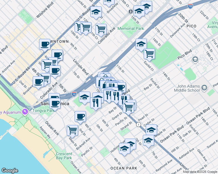 map of restaurants, bars, coffee shops, grocery stores, and more near 1820 9th Street in Santa Monica