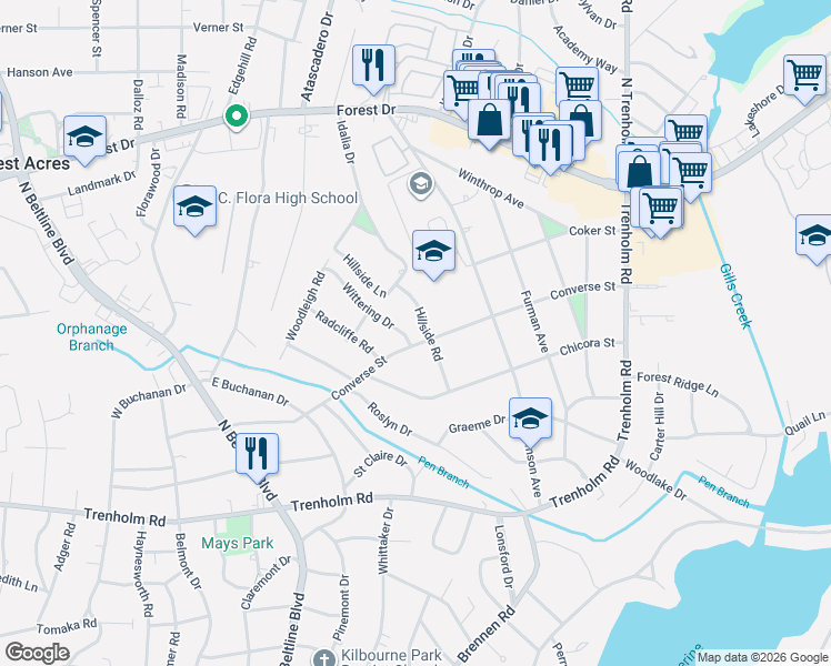 map of restaurants, bars, coffee shops, grocery stores, and more near 5000 Wittering Drive in Columbia