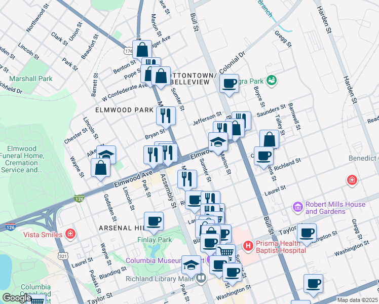 map of restaurants, bars, coffee shops, grocery stores, and more near 1301 Elmwood Avenue in Columbia
