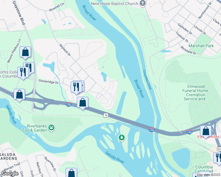 map of restaurants, bars, coffee shops, grocery stores, and more near 2076 Watermark Place in Columbia