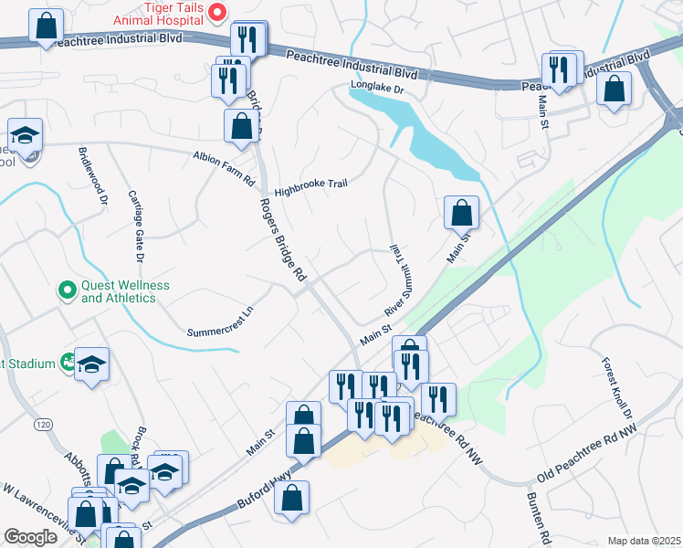 map of restaurants, bars, coffee shops, grocery stores, and more near 2675 River Summit Drive in Duluth