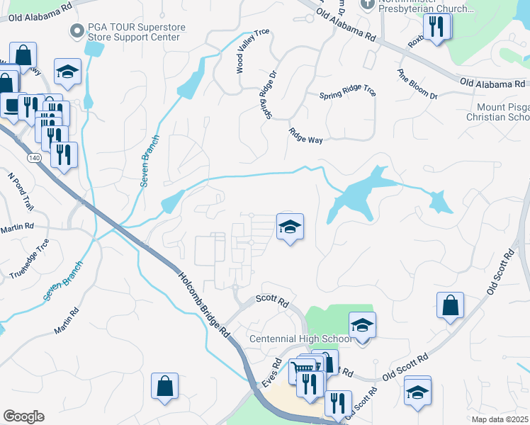 map of restaurants, bars, coffee shops, grocery stores, and more near 565 Willow Oak Way in Roswell