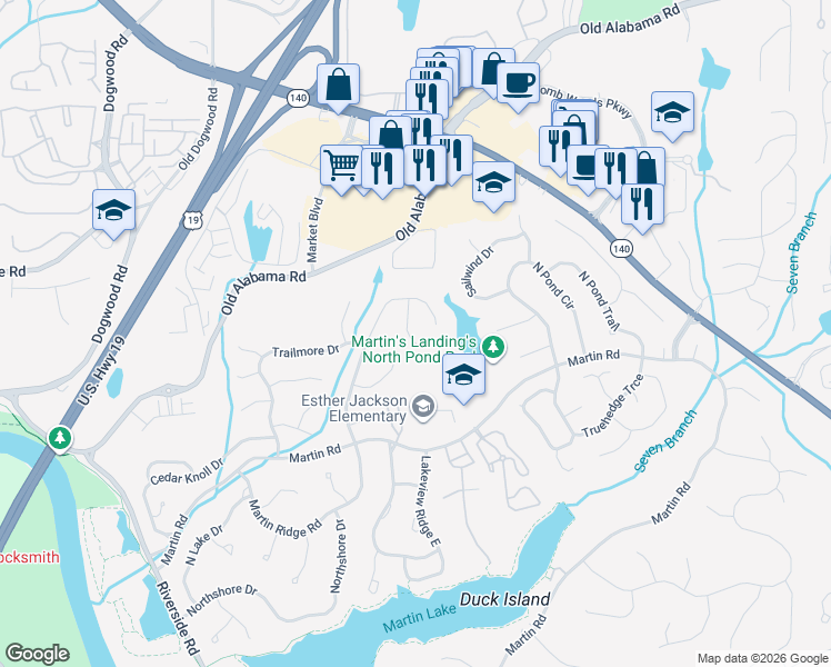 map of restaurants, bars, coffee shops, grocery stores, and more near 9775 Hillside Drive in Roswell