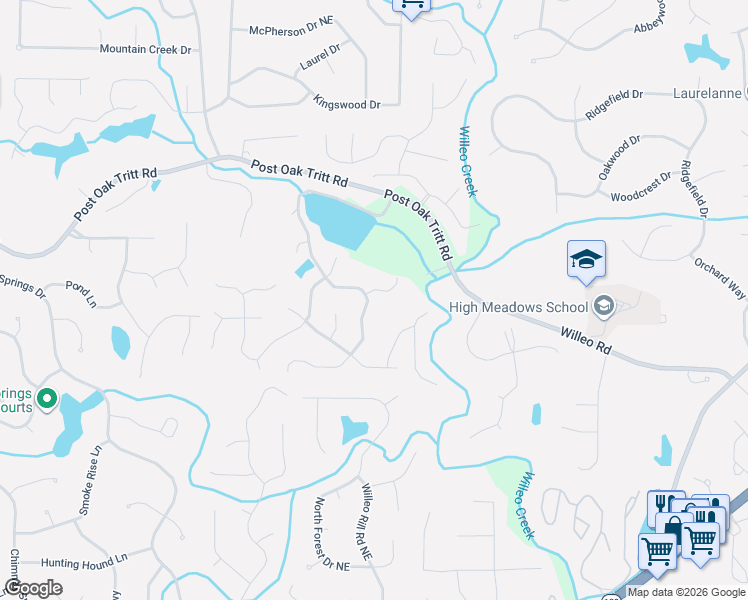 map of restaurants, bars, coffee shops, grocery stores, and more near 2690 Long Lake Terrace Northeast in Roswell