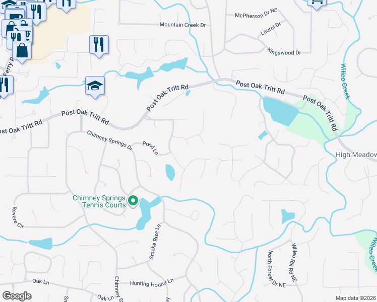 map of restaurants, bars, coffee shops, grocery stores, and more near 4747 Big Oak Bend in Marietta