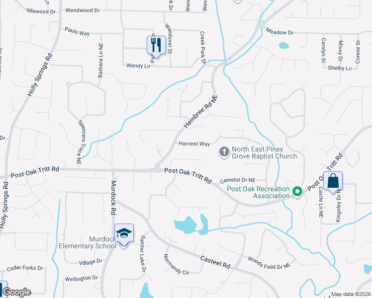 map of restaurants, bars, coffee shops, grocery stores, and more near 3238 Harvest Way in Marietta