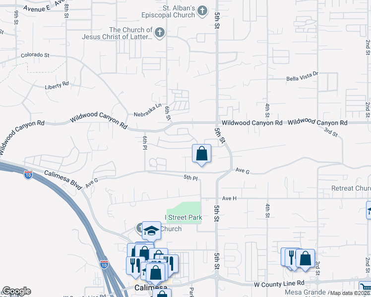 map of restaurants, bars, coffee shops, grocery stores, and more near 34111 Wildwood Canyon Road in Yucaipa