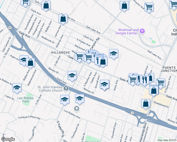map of restaurants, bars, coffee shops, grocery stores, and more near 15236 Folger Street in La Puente