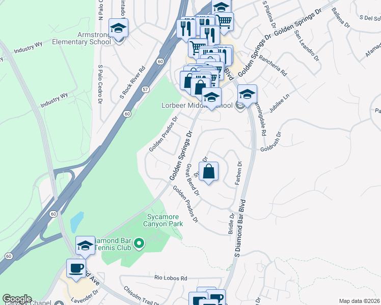 map of restaurants, bars, coffee shops, grocery stores, and more near 603 Great Bend Drive in Diamond Bar