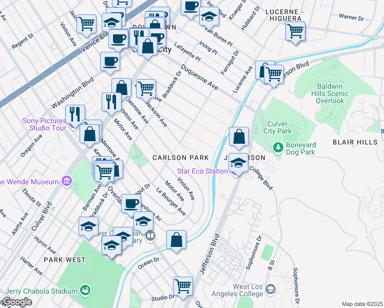 map of restaurants, bars, coffee shops, grocery stores, and more near 4239 Revere Place in Culver City