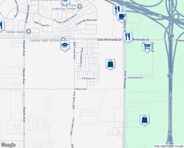 map of restaurants, bars, coffee shops, grocery stores, and more near 3240 Westmont Lane in Ontario