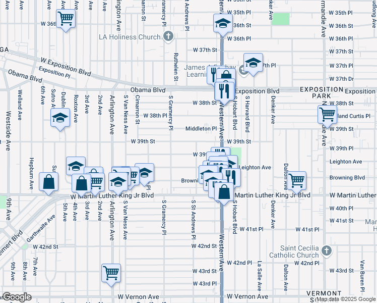 map of restaurants, bars, coffee shops, grocery stores, and more near 1719 West 39th Place in Los Angeles