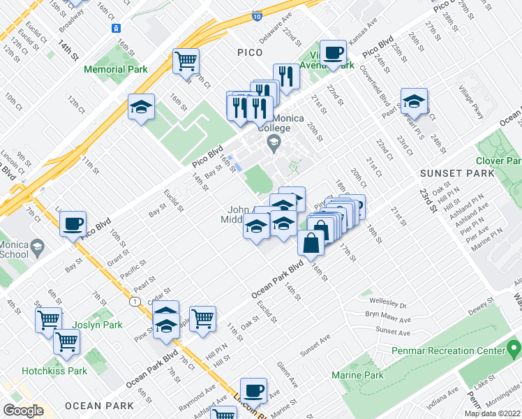 map of restaurants, bars, coffee shops, grocery stores, and more near 1520 Pearl Street in Santa Monica