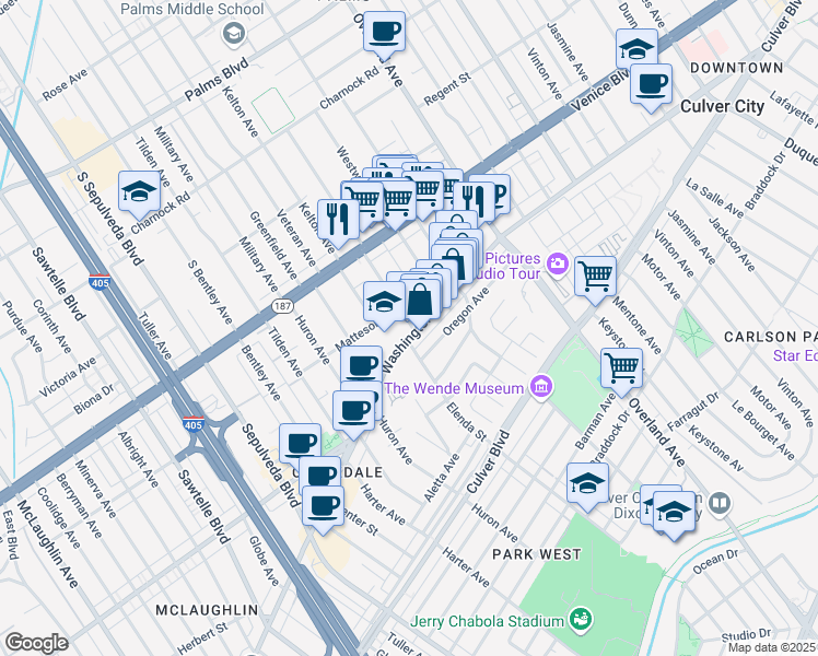 map of restaurants, bars, coffee shops, grocery stores, and more near 10871 West Washington Boulevard in Culver City