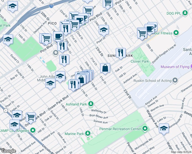 map of restaurants, bars, coffee shops, grocery stores, and more near 2020 Ocean Park Boulevard in Santa Monica
