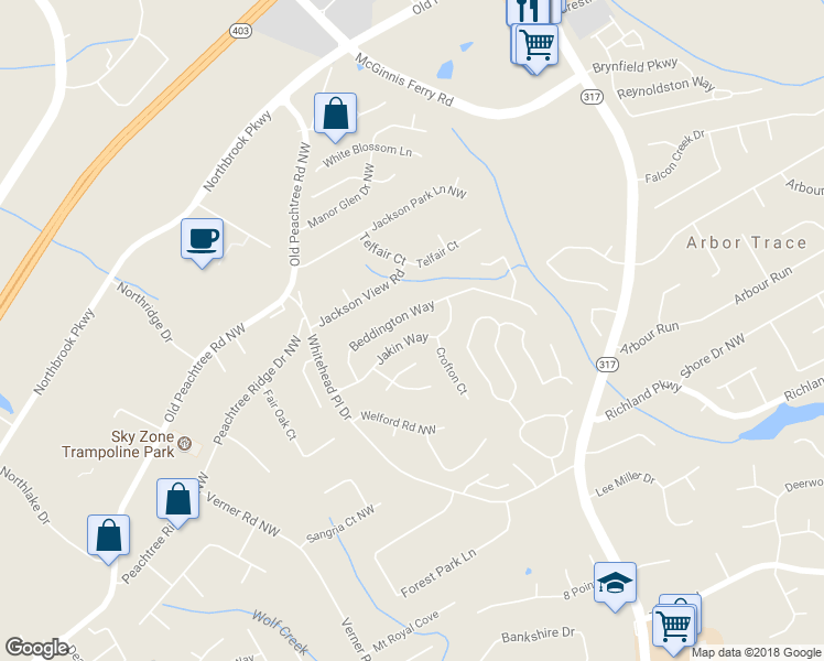 map of restaurants, bars, coffee shops, grocery stores, and more near 2460 Jakin Way in Suwanee