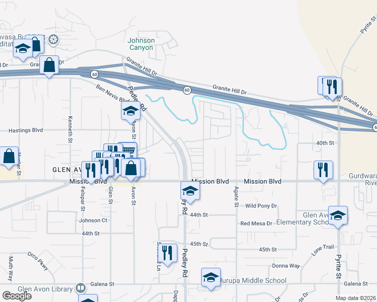 map of restaurants, bars, coffee shops, grocery stores, and more near 4041 Pedley Road in Riverside