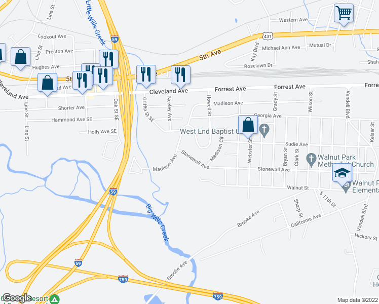 map of restaurants, bars, coffee shops, grocery stores, and more near 3613 Stonewall Avenue in Gadsden