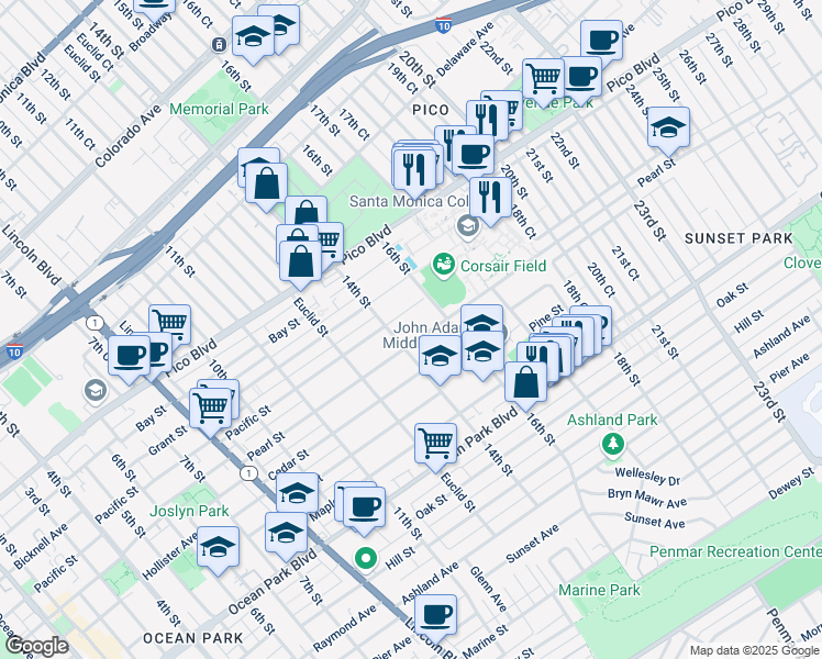 map of restaurants, bars, coffee shops, grocery stores, and more near 1417 Pearl Street in Santa Monica