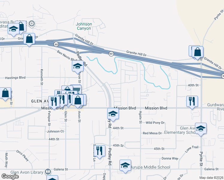 map of restaurants, bars, coffee shops, grocery stores, and more near 4080 Pedley Road in Riverside