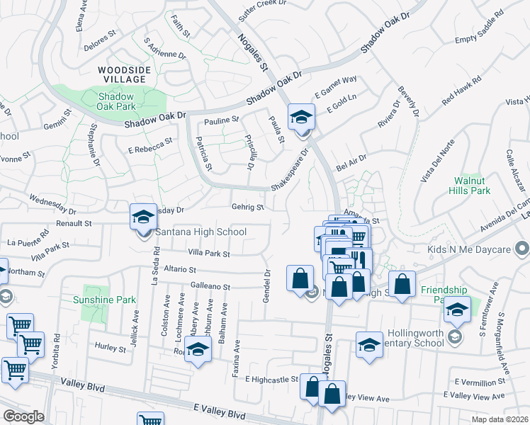 map of restaurants, bars, coffee shops, grocery stores, and more near 2472 Gehrig Street in West Covina