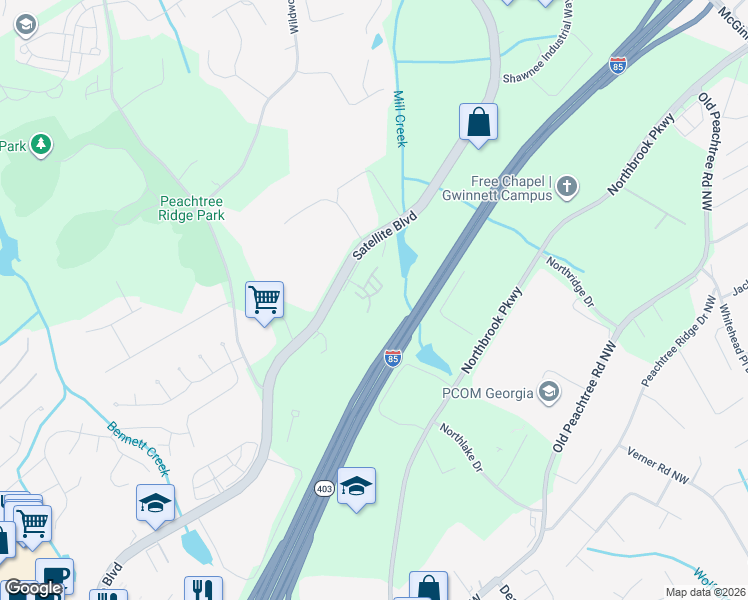 map of restaurants, bars, coffee shops, grocery stores, and more near 821 Riverdance Drive in Suwanee