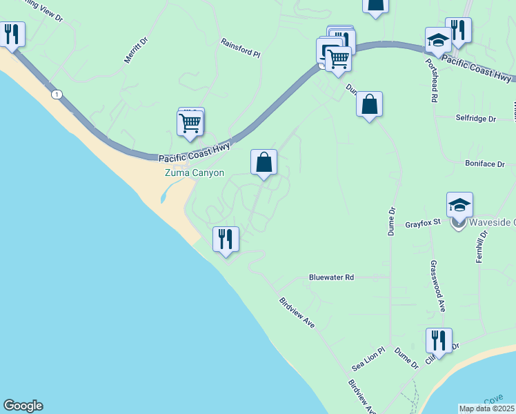 map of restaurants, bars, coffee shops, grocery stores, and more near 29500 Heathercliff Road in Malibu