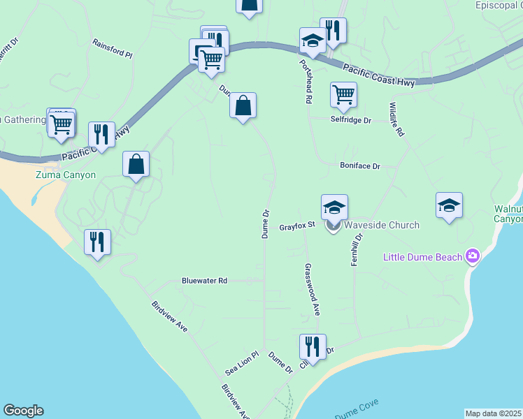 map of restaurants, bars, coffee shops, grocery stores, and more near 6843 Dume Drive in Malibu