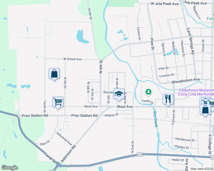 map of restaurants, bars, coffee shops, grocery stores, and more near 389 5th Street in Cedartown