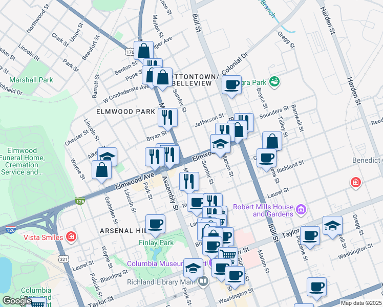 map of restaurants, bars, coffee shops, grocery stores, and more near 1301 Elmwood Avenue in Columbia