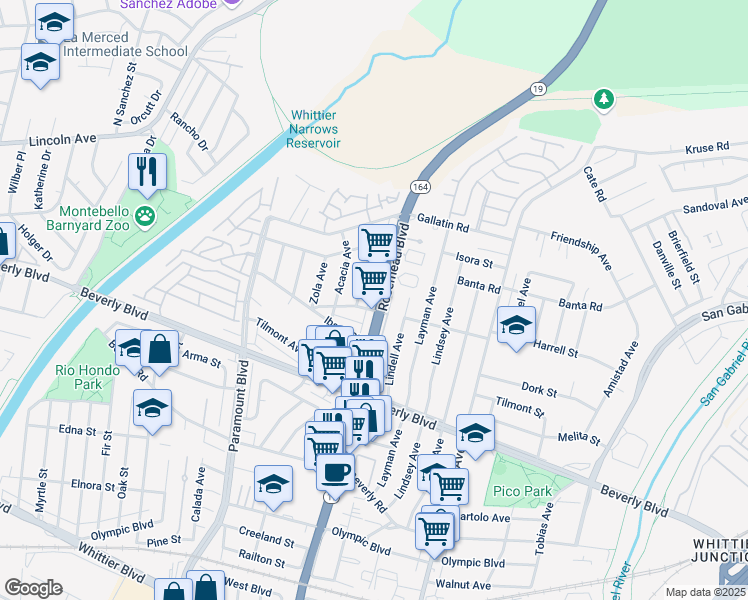 map of restaurants, bars, coffee shops, grocery stores, and more near 4137 Rosemead Boulevard in Pico Rivera