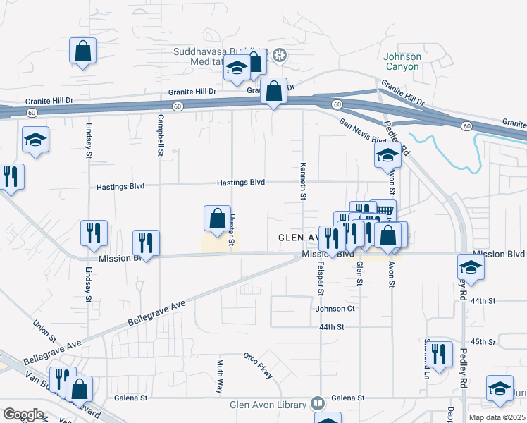map of restaurants, bars, coffee shops, grocery stores, and more near 4093 Stanton Street in Riverside