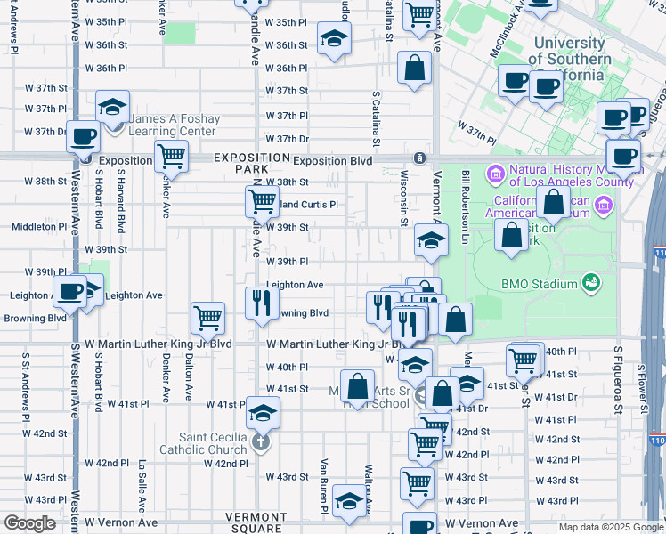 map of restaurants, bars, coffee shops, grocery stores, and more near 3928 Budlong Avenue in Los Angeles