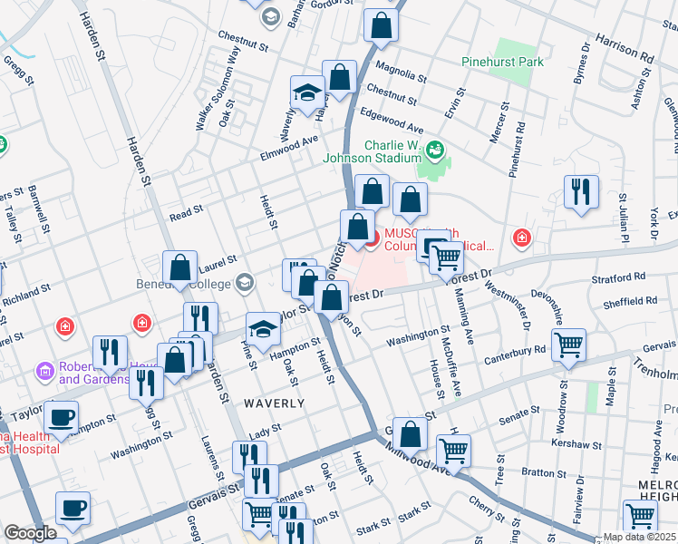 map of restaurants, bars, coffee shops, grocery stores, and more near 1616 Two Notch Road in Columbia