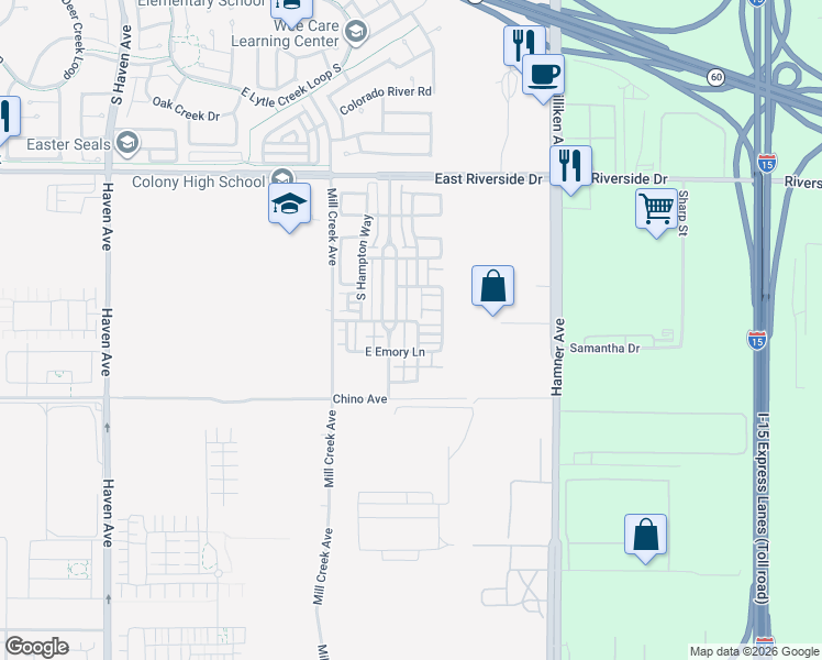 map of restaurants, bars, coffee shops, grocery stores, and more near 3240 Westmont Lane in Ontario