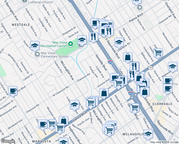 map of restaurants, bars, coffee shops, grocery stores, and more near 11417 Charnock Road in Los Angeles