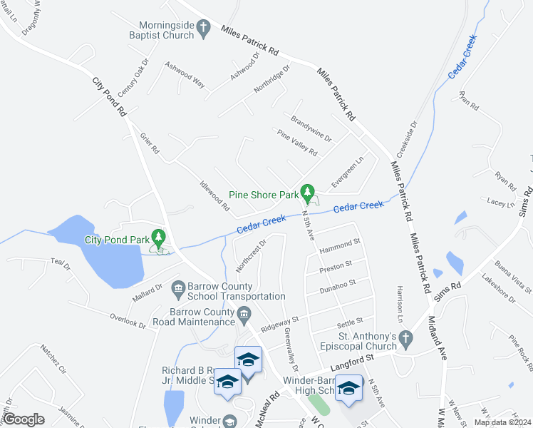 map of restaurants, bars, coffee shops, grocery stores, and more near 208 Colonial Hills Road in Winder