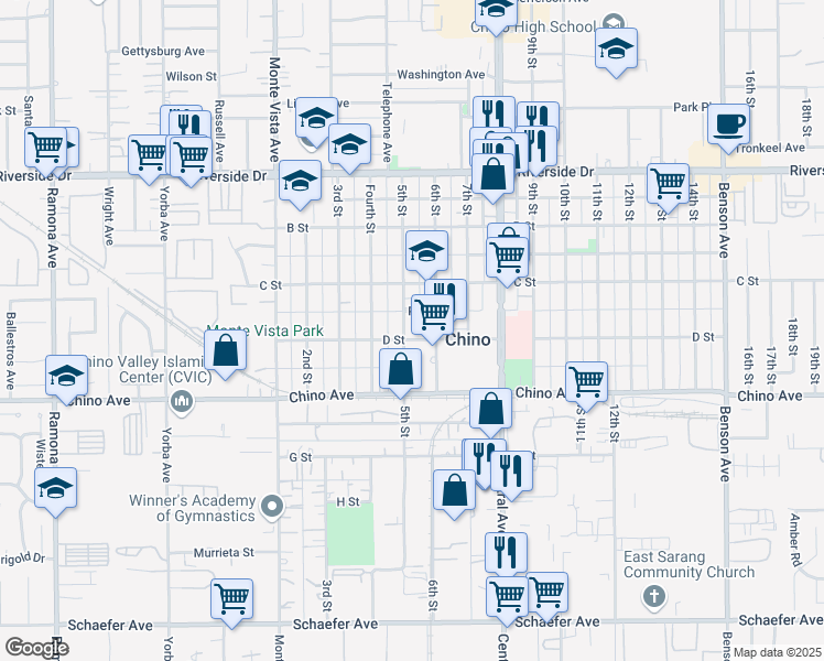 map of restaurants, bars, coffee shops, grocery stores, and more near 5136 D Street in Chino
