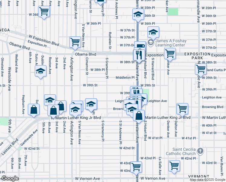 map of restaurants, bars, coffee shops, grocery stores, and more near 1739 West 39th Place in Los Angeles