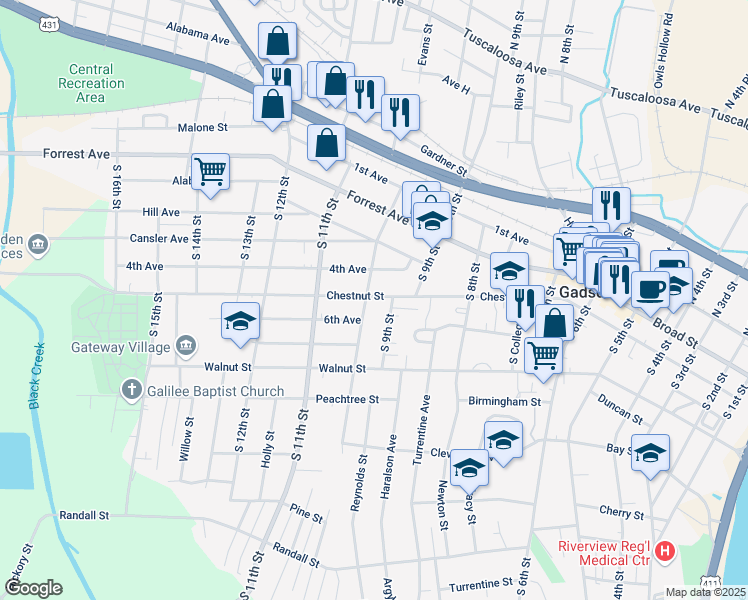map of restaurants, bars, coffee shops, grocery stores, and more near 944 Chestnut Street in Gadsden