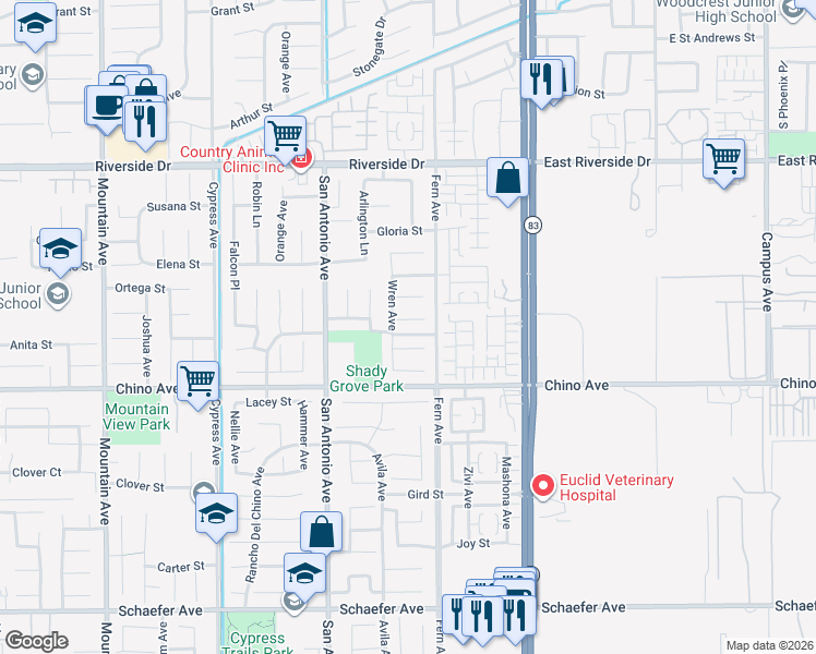 map of restaurants, bars, coffee shops, grocery stores, and more near 6847 Cardinal Court in Chino
