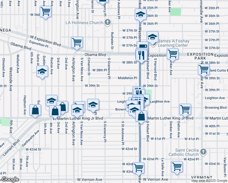 map of restaurants, bars, coffee shops, grocery stores, and more near 1743 West 39th Place in Los Angeles