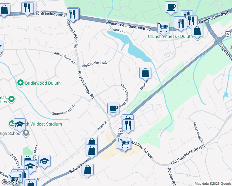 map of restaurants, bars, coffee shops, grocery stores, and more near 3662 Thornbrooke Place in Duluth