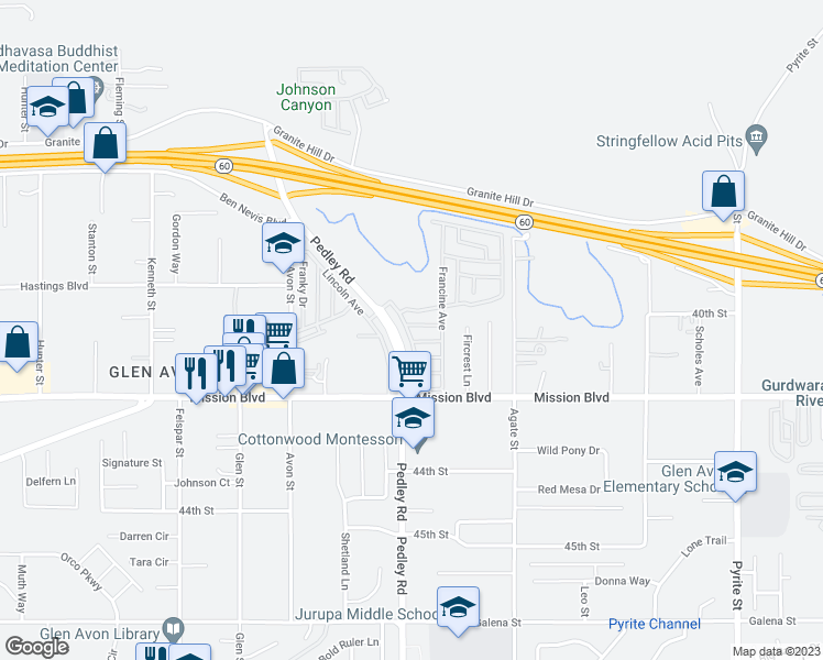 map of restaurants, bars, coffee shops, grocery stores, and more near 4041 Pedley Road in Riverside