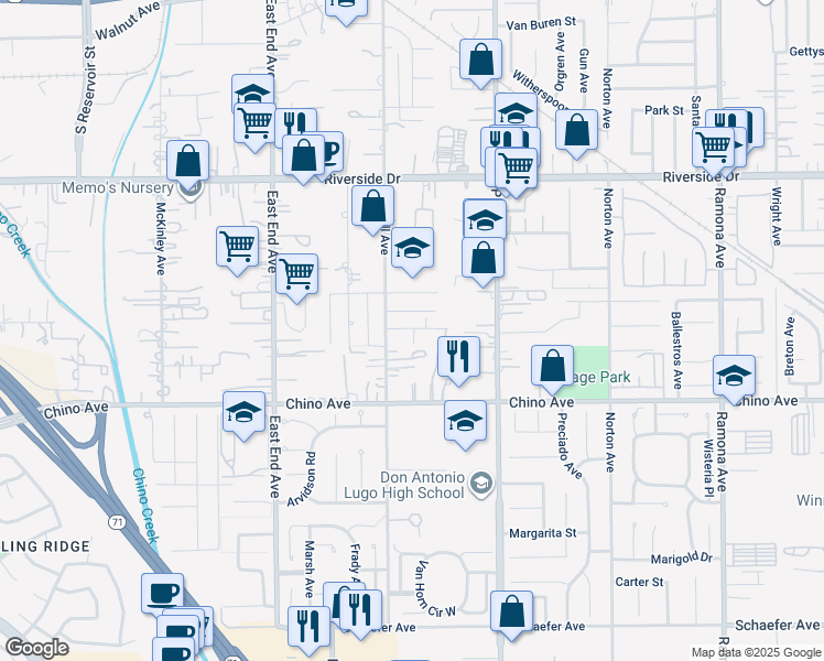 map of restaurants, bars, coffee shops, grocery stores, and more near 3943 Christina Road in Chino
