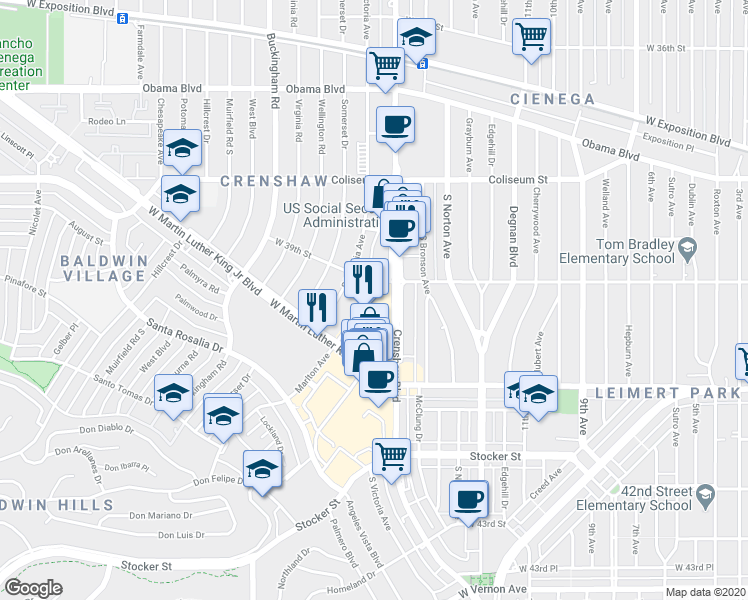 map of restaurants, bars, coffee shops, grocery stores, and more near 3901 Marlton Avenue in Los Angeles