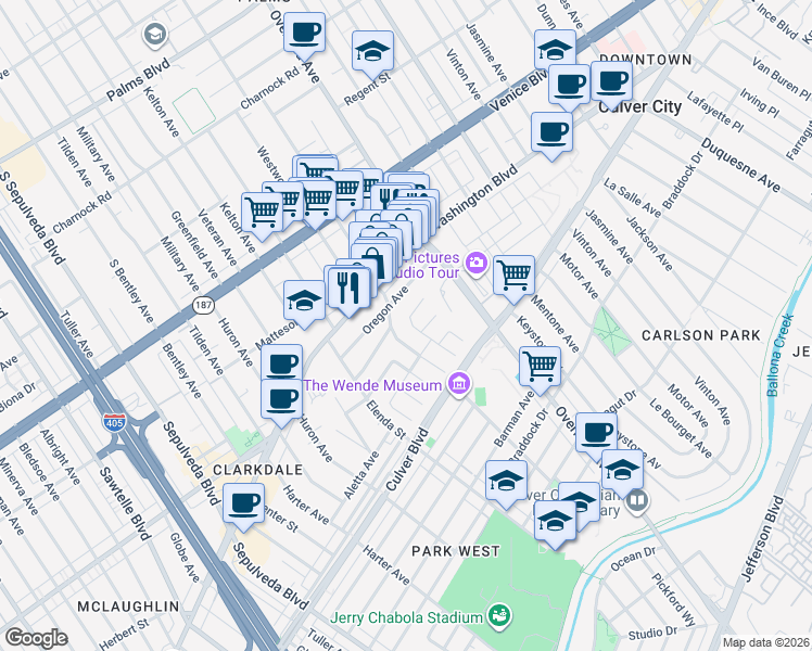 map of restaurants, bars, coffee shops, grocery stores, and more near 3949 Lamarr Avenue in Culver City