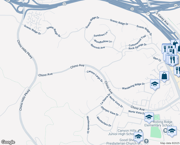 map of restaurants, bars, coffee shops, grocery stores, and more near 2119 Camino Largo Drive in Chino Hills