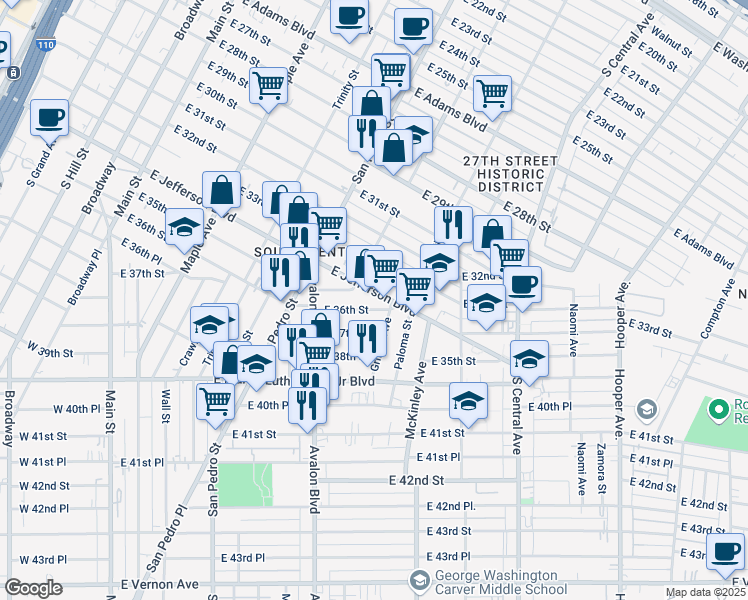 map of restaurants, bars, coffee shops, grocery stores, and more near 810 East Jefferson Boulevard in Los Angeles