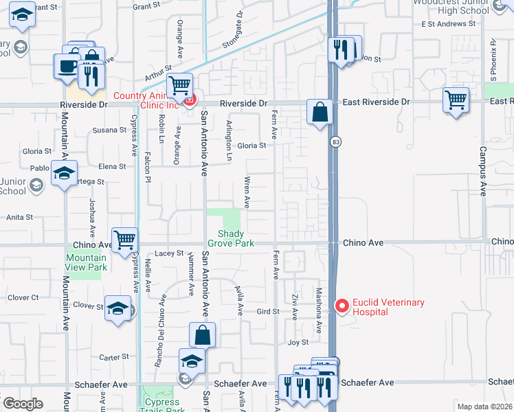 map of restaurants, bars, coffee shops, grocery stores, and more near 6847 Cardinal Court in Chino